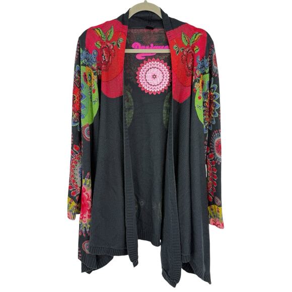 Desigual Wearable Art Open Cardigan Size Medium Gray Multi Floral Embellished - Picture 12 of 12